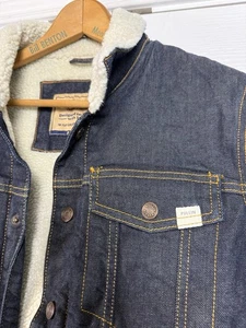 Pullin giacca sherpa uomo blu denim camionista pile foderato bottoni taglia small nuova senza etichette - Foto 1 di 10