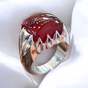 Natural Yameni Aqeeq Ring, Men Handmade Ring, Red Agate 925 Silver Ring, Aqeeq - Picture 1 of 4