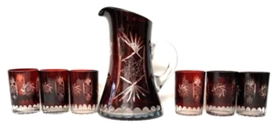 ANTIQUE CUT GLASS PITCHER&6CUP SET,CRANBERRY/RUBY RED,VINTAGE,COCKTAIL,GIFT,PROP - Picture 1 of 10
