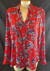 Express Colorful Floral Red Blue Long Sleeve Portofino Blouse Women's L - Picture 1 of 4