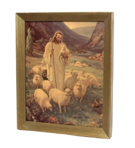 Vintage Warner Sallman Print Jesus The Good Shepherd Gold Wood Frame - Picture 1 of 6