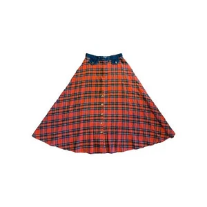 VTG MATCH 70’S Red Tartan Plaid Denim Waist MAXI SKIRT Size 10 USA - Picture 1 of 6
