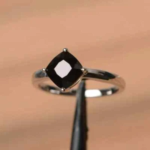 Lab Created Black Diamond 2Ct Cushion Cut Engagement Ring 14K White Gold Plated - Picture 1 of 6