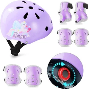 Kids Bike Helmet Knee Elbow Pads Wrist Guards Protective Gear Set Purple - Picture 1 of 7