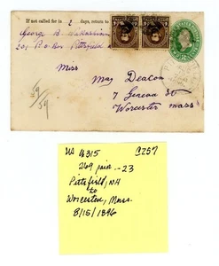 US Cover Scott # U315, 269 Pair - Pittsfield, NH to Worcester, Mass    (23-C257) - Picture 1 of 3