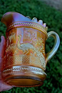 ANTIQUE NORTHWOOD PEACOCK AT THE FOUNTAIN CARNIVAL GLASS PITCHER - MARIGOLD - Picture 1 of 8