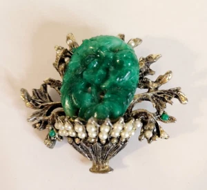 Vintage Carved Green Glass Peking Faux Jade,Pearl Metal Flower Basket Brooch Pin - Picture 1 of 17