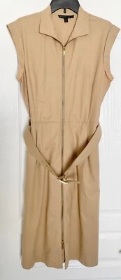 LAFAYETTE 148 Khaki Tan Zip Front Belted Stretch Cotton Poplin Midi Dress 12 = L - Image 1 of 4