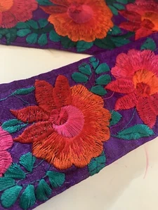 Ribbon 6.5cm Embroidered Flowers leaves Craft Sari Edging Trim Border Sash 1 yd - Picture 1 of 11