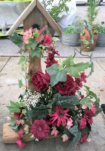 Lrg 25" Rustic Driftwood Birdhouse Late Summer Burgundy Reds Floral Arrangement - Picture 1 of 10