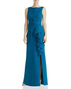Eliza J Sleeveless Cascading-Ruffle Gown Women's 4 Teal Boat Neck Back Zipped - Picture 1 of 16