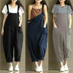 Women Jumpsuit Pant Cotton Suspender Jeans Strap Trouser Overall BaggyRomper Bib - Picture 1 of 20