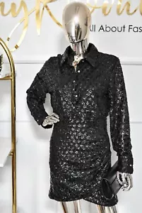 Damen Coctailkleid mit funkelnden Pailletten Langarm Partykleid Schwarz - Bild 1 von 10