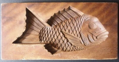 22ksg66 JAPONÉS KASHIGATA MADERA MOLDE PASTEL TAI BESUGO PEZ TALLADO A MANO DE COLECCIÓN Foto 1 de 4