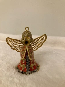 Vintage rot glasierter Keramik Engel mit Trompete Goldglocke - Bild 1 von 3