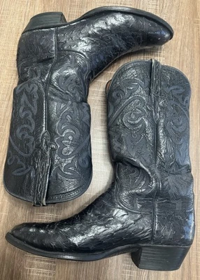 Vintage Black Lucchese Full Quill Ostrich Cowboy Boots w/ Leather Shaft - 9.5 D - Image 1 of 4
