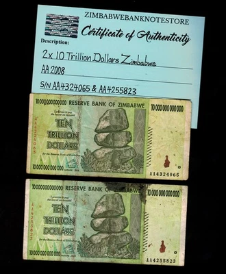 2 x 10 万亿津巴布韦元钞票损坏正品 AA4324065 AA4255823 — 第 1/3 张图片