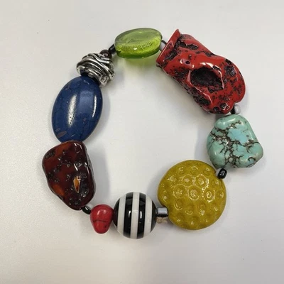 Vtg Style Retro Chunky Bead Stretch Bracelet Faux Turquoise Glass & Resin - Image 1 of 4