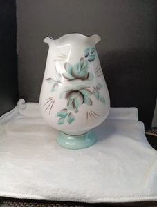 Antique Victorian Bristol Glass Hand Painted Milk Glass Vase Aqua Blue Roses 9” - Bild 1 von 16