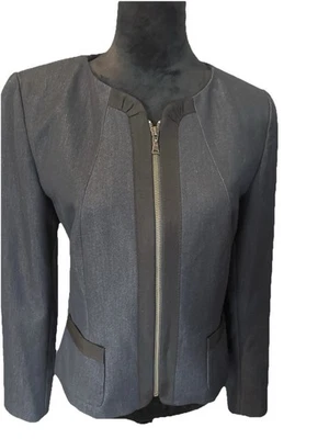 Blazer Tahari Azul Jazmín Talla 6 Denim Cremallera Completa Trabajo Negocios Carrera Minimalista Foto 1 de 4
