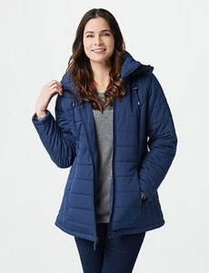 Denim & Co Navy Blue Zip-Front Puffer Jacket S Detachable Hood New - Picture 1 of 4