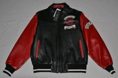 Jaqueta masculina de couro Pelle Pelle World Tour preta vermelha nova com etiquetas - Imagem 1 de 4