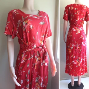 Erika Midi Dress L Red Khaki Orange Floral Rayon Back Zip S/S Tie Front VTG 90s - Picture 1 of 9