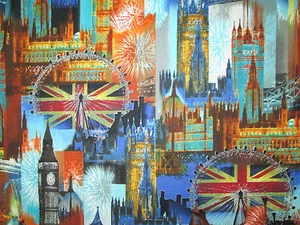 BRITISH LONDON CITY UK SITES ROYAL WEDDING BRIGHT BLUE COTTON FABRIC BTHY - Picture 1 of 7