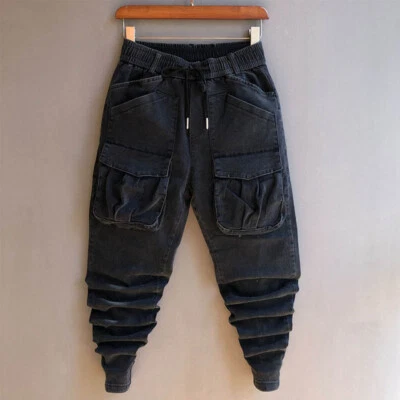 Moda Para Hombres Denim Harén Pantalones Cintura Elástica Ajustados Jeans Bolsillos Informal Pantalón Foto 1 de 4