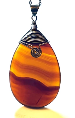 Collar Colgante Vintage Lágrima Ágata Marrón 3" Artesanal Envuelto en Alambre, Boho Foto 1 de 4