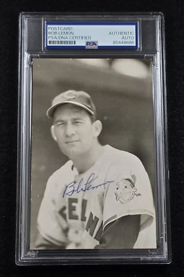 BOB LEMON Signed Real Photo Postcard-HALL OF FAME-CLEVELAND INDIANS-PSA - Image 1 of 4