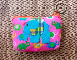 Pink cotton coin purse with elephant design - Picture 1 of 4