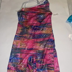 Danskin Gymnastics Biketard Unitard Geometric Bodysuit New Girl S 6/6X - Picture 1 of 9