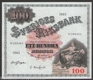 SWEDEN 100 KRONER P-48 1963 SWEDISH KING GUSTAV LARGE SQUARE AU MONEY BILL NOTE - Picture 1 of 5