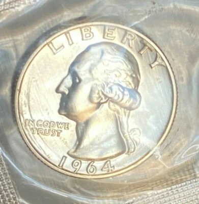 1964 silver proof quarter in US Mint cellophane - Image 1 of 3