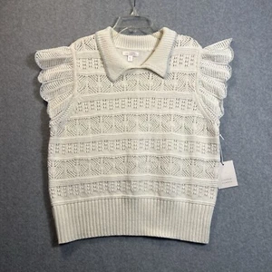 Lauren Conrad Womens XL Open Knit Faux Crochet Flutter Sleeve Top Cottage Core - Picture 1 of 14