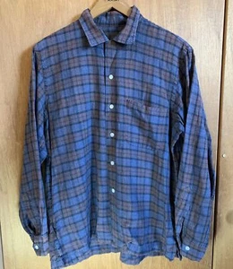 Vintage 90s Flannel Blue & Brown Plaid 100% Cotton Men’s Large Pearl Buttons - Picture 1 of 6
