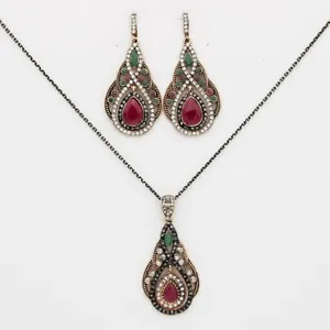 Luxury Turkish Ethnic Jewelry-Red Earring Pendant Necklace Water Drop Set - Picture 1 of 3