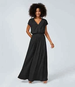 Halara V Neck Short Sleeve Side Pocket Wide Leg Flowy Waffle Casual Jumpsuit M - Picture 1 of 10