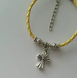 Pulsera de cuero amarillo unisex cruz cristiana dije joyería de plata EE. UU. - Imagen 1 de 7