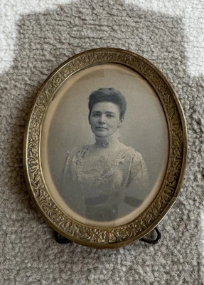 Antique Bronze or Brass Picture Frame Photograph Lady Convex Bubble Glass K & Co - Image 1 of 4