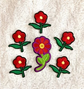 Set of 6 Red Daisy Yellow Small Flower Embroidered Iron On Patch Sew On Lot - Picture 1 of 1