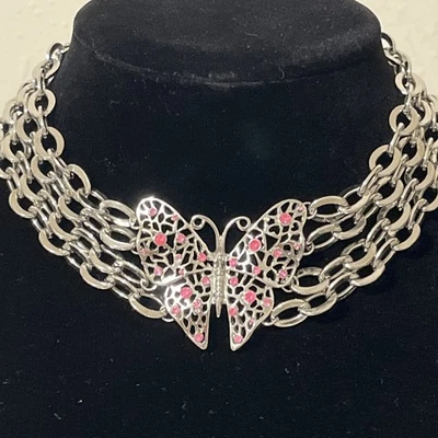 Collar Mariposa Tono Plateado, Multi Cadena, Gargantilla Rosa Estrás Declaración Foto 1 de 4