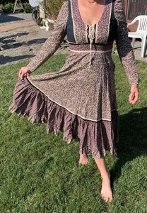 1970s Vintage Black Gunne Sax Dress Rare Calico Floral Print Midi Lace Corset 7 - Bild 1 von 14