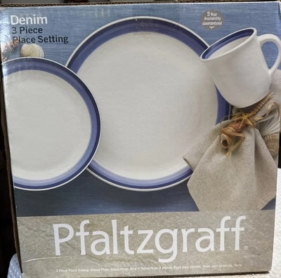 1990's Pfaltzgraff Ceramic 3 Piece Place Setting Dinner Set "Denim" Style NIB - Image 1 of 4