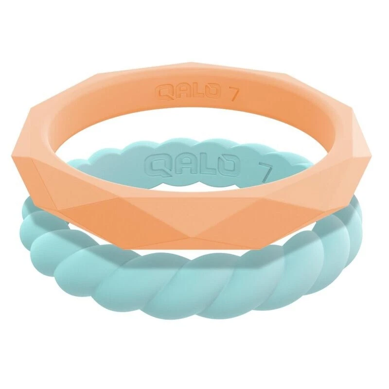 QALO QS9-SCL05 Silicone Women's Stackable Collection Ring Orange/Teal Set Size 5