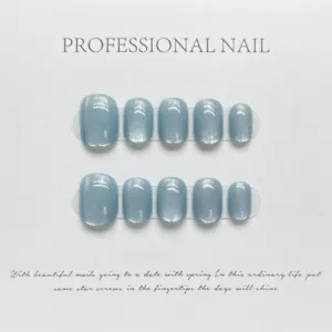 Hand Made Short False Nails Blue Cat Eye Glitter Press On Nails with Glue S/M - Picture 1 of 5