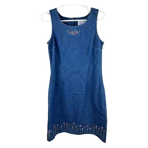 Carolina Blues vintage denim tank dress jumper daisies floral embroidered 8 knee - Picture 1 of 5