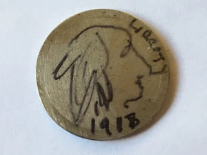 1918 Buffalo nickel art , drawn on coin art Buffalo nickel, hobo nickel drawn - Picture 1 of 2