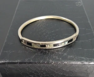 Vintage Mexico Silver Tone Abalone Shell Black Inlay Hinge Bangle Bracelet - Picture 1 of 7